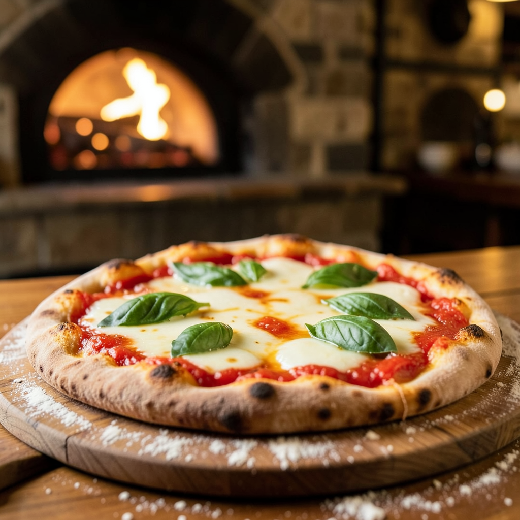 Bubbling wood-fired Margherita pizza on a wooden peel with fresh basil and melted mozzarella