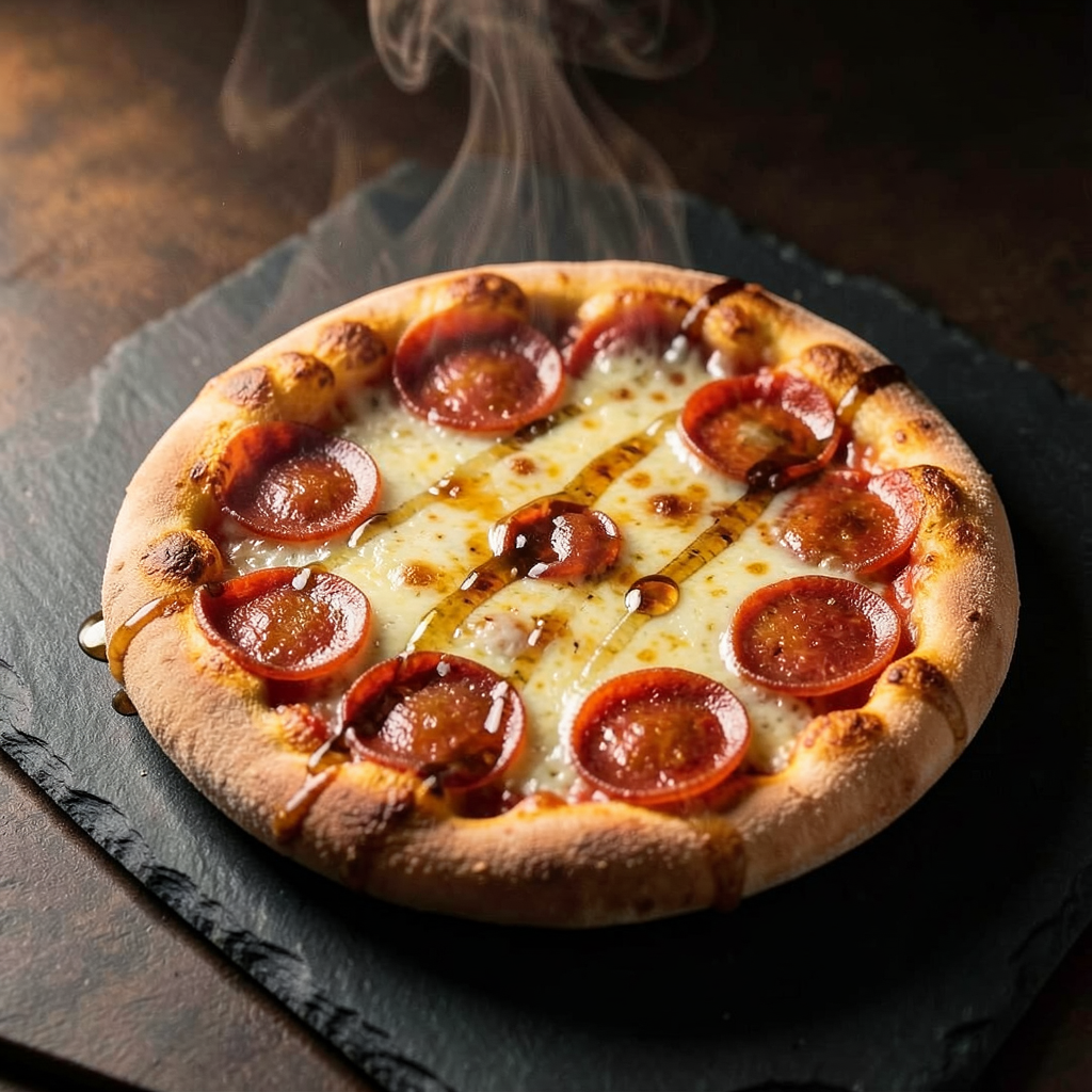 Pepperoni pizza with crispy cup-and-char pepperoni and hot honey drizzle