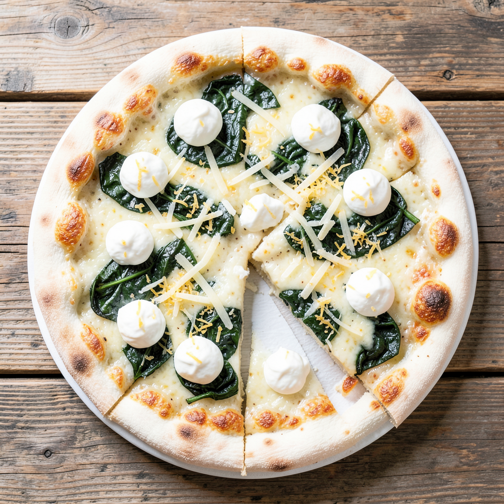White pizza with ricotta, spinach, mozzarella, and lemon zest